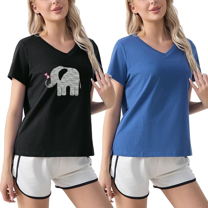 ENJOYNIGHT 2 Pack Womens Pajama Tops Cotton T-Shirt Short Sleeve Sleep T Blue+b-elephant