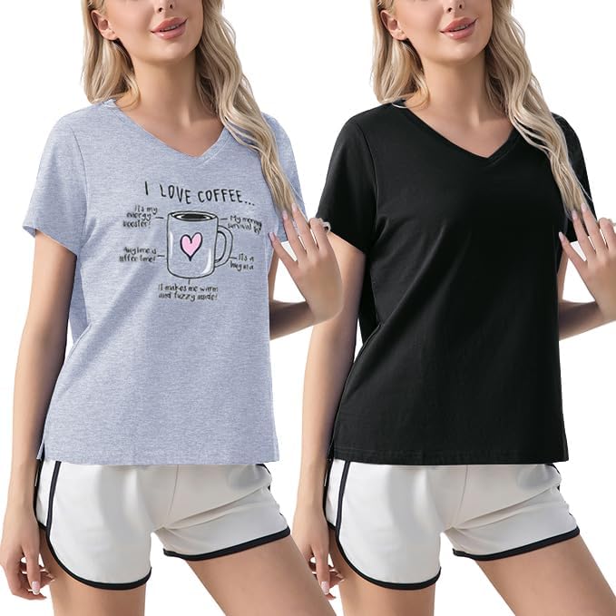 ENJOYNIGHT 2 Pack Womens Pajama Tops Cotton T-Shirt Short Sleeve Sleep T Black+cup