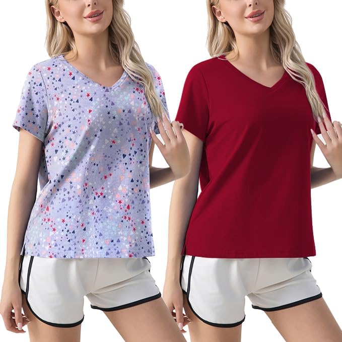 ENJOYNIGHT 2 Pack Womens Pajama Tops Cotton T-Shirt Short Sleeve Sleep T Purple+wr