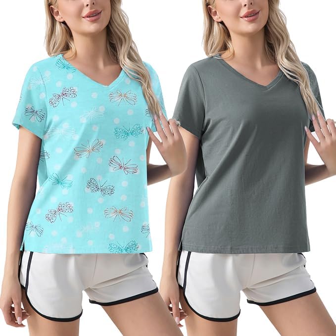 ENJOYNIGHT 2 Pack Womens Pajama Tops Cotton T-Shirt Short Sleeve Sleep T Blue Fly+gray