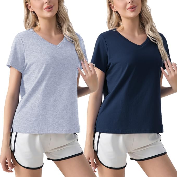 ENJOYNIGHT 2 Pack Womens Pajama Tops Cotton T-Shirt Short Sleeve Sleep T Grey+navy